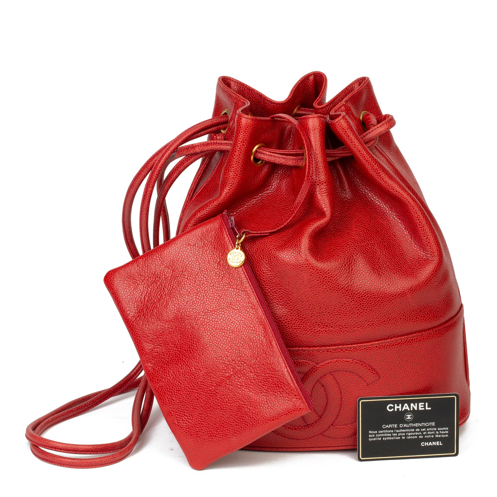 1994 Chanel Red Caviar Leather Timeless Bucket Bag with Pouch 7