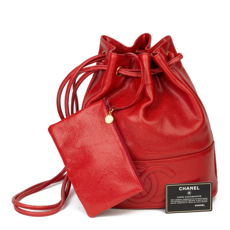 1994 Chanel Red Caviar Leather Timeless Bucket Bag with Pouch at 1stDibs