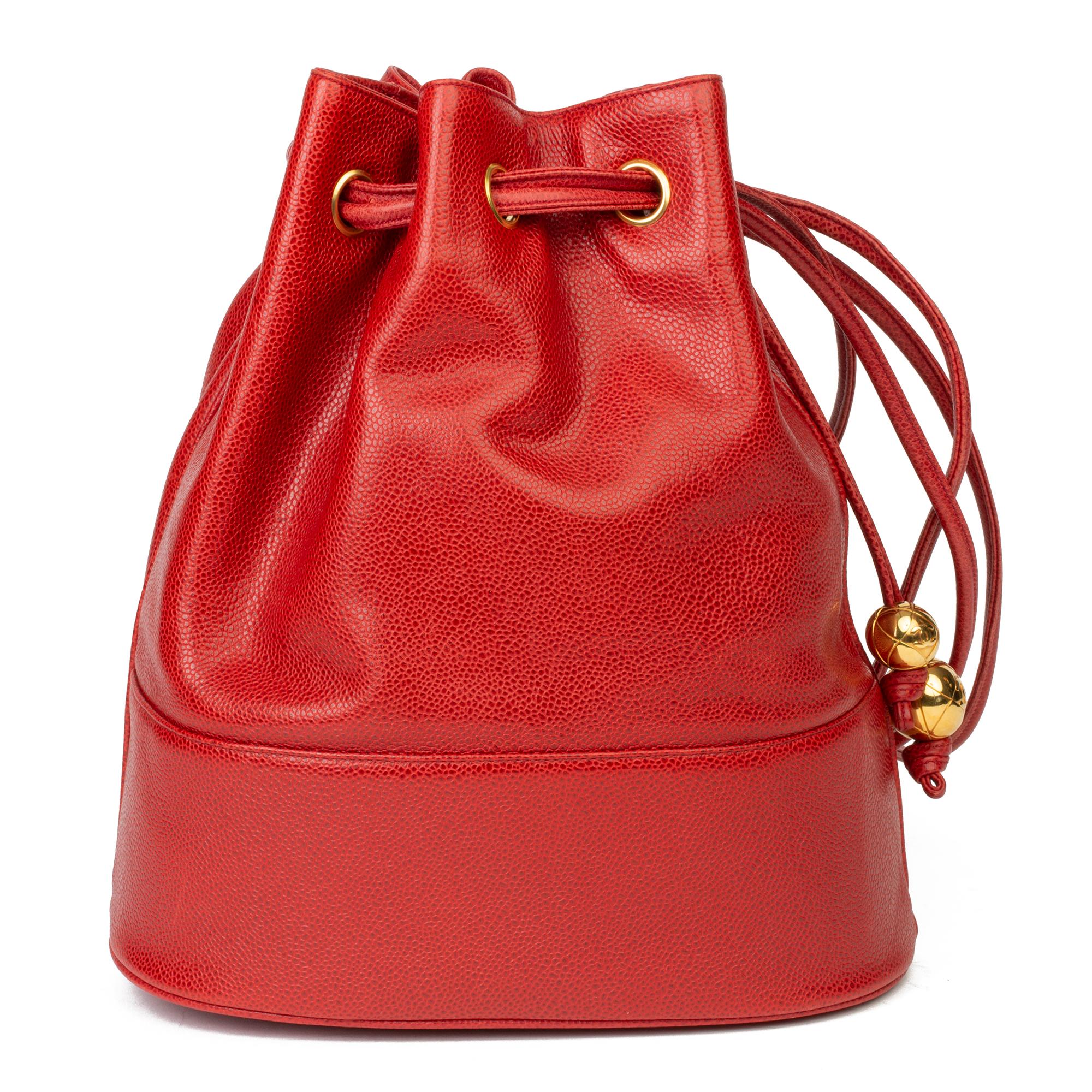 Women's 1994 Chanel Red Caviar Leather Timeless Bucket Bag with Pouch