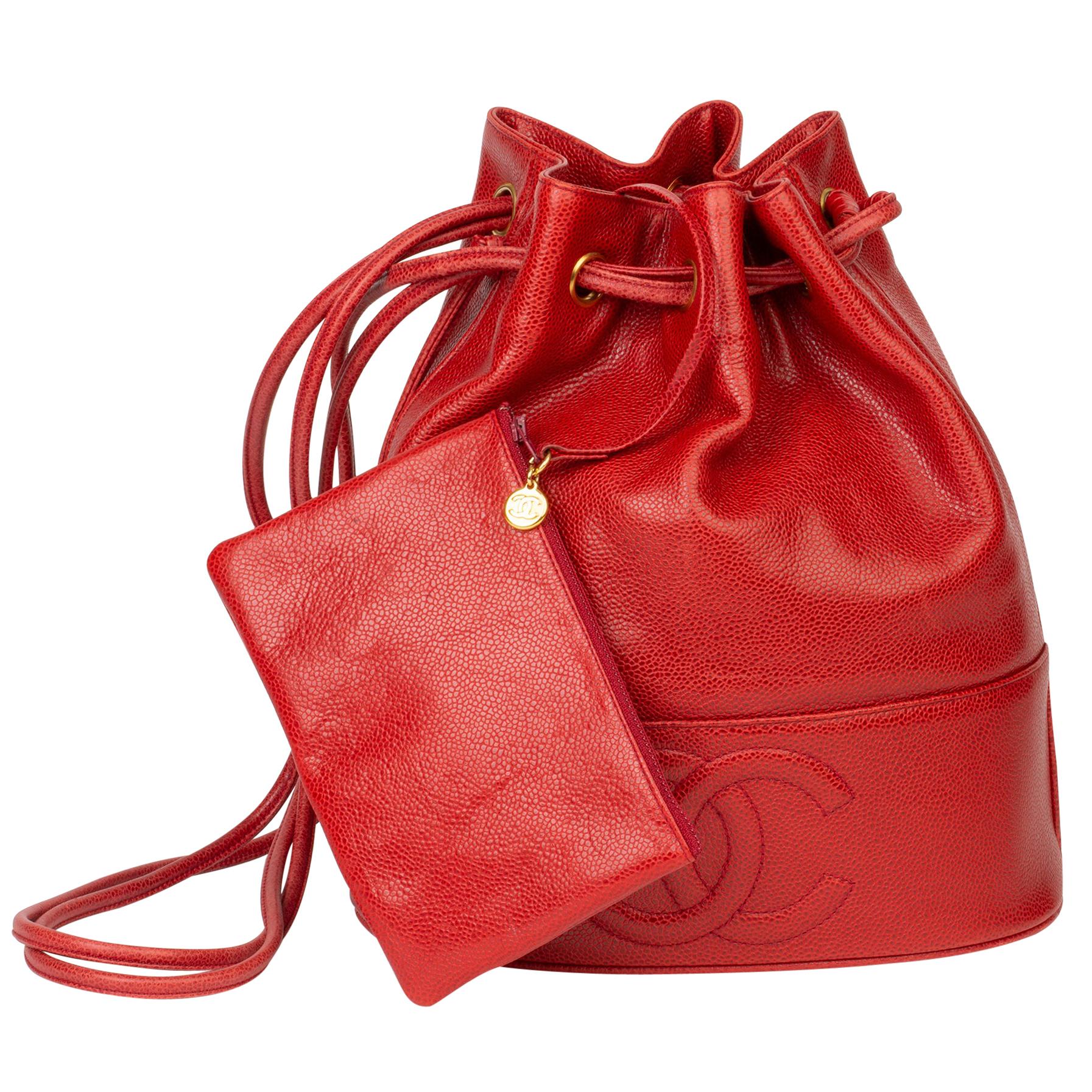 1994 Chanel Red Caviar Leather Timeless Bucket Bag with Pouch