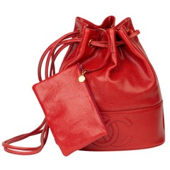 Vintage 1994 Chanel Red Caviar Leather Timeless Bucket Bag with Pouch