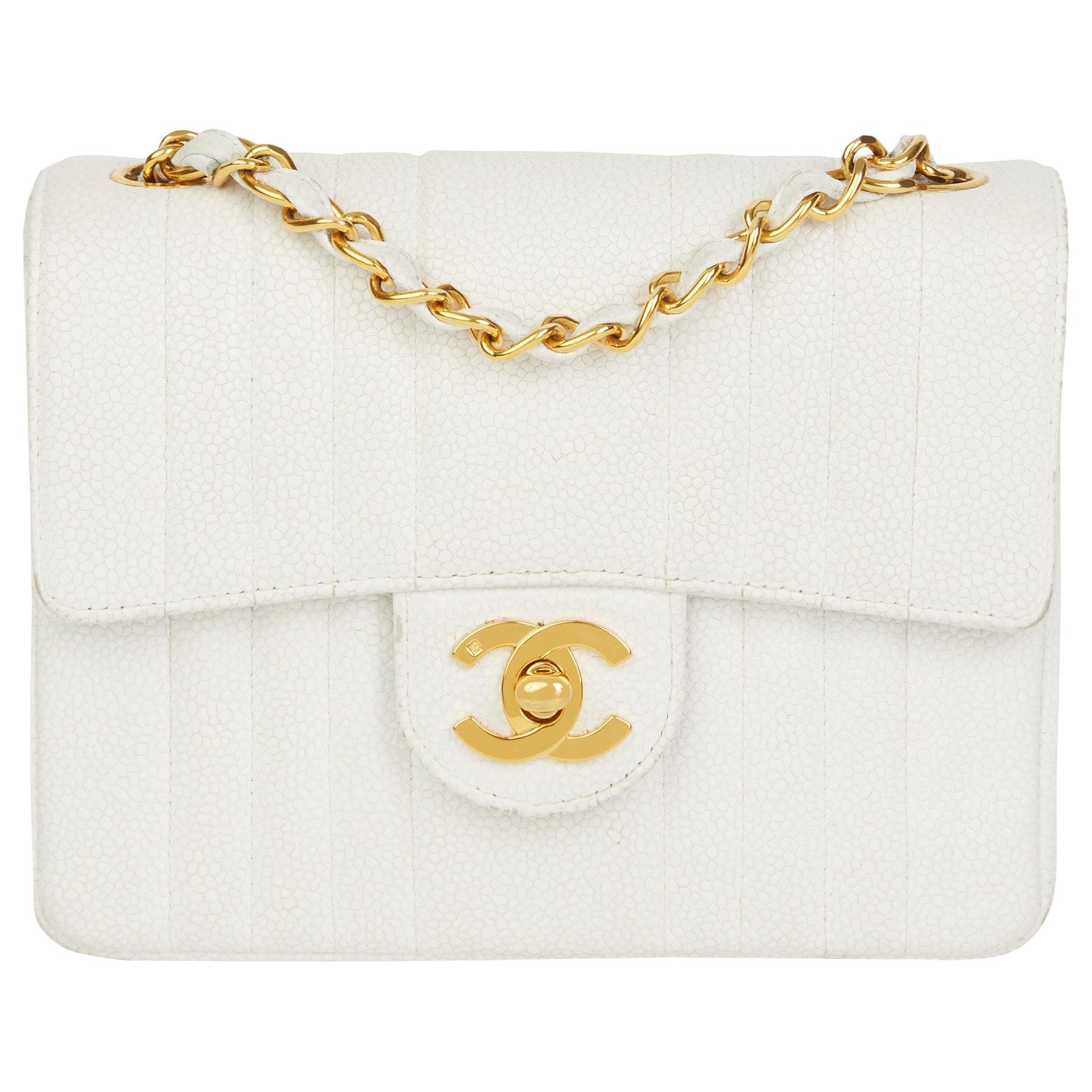1994 Chanel White Quilted Caviar Leather Vintage Mini Flap Bag