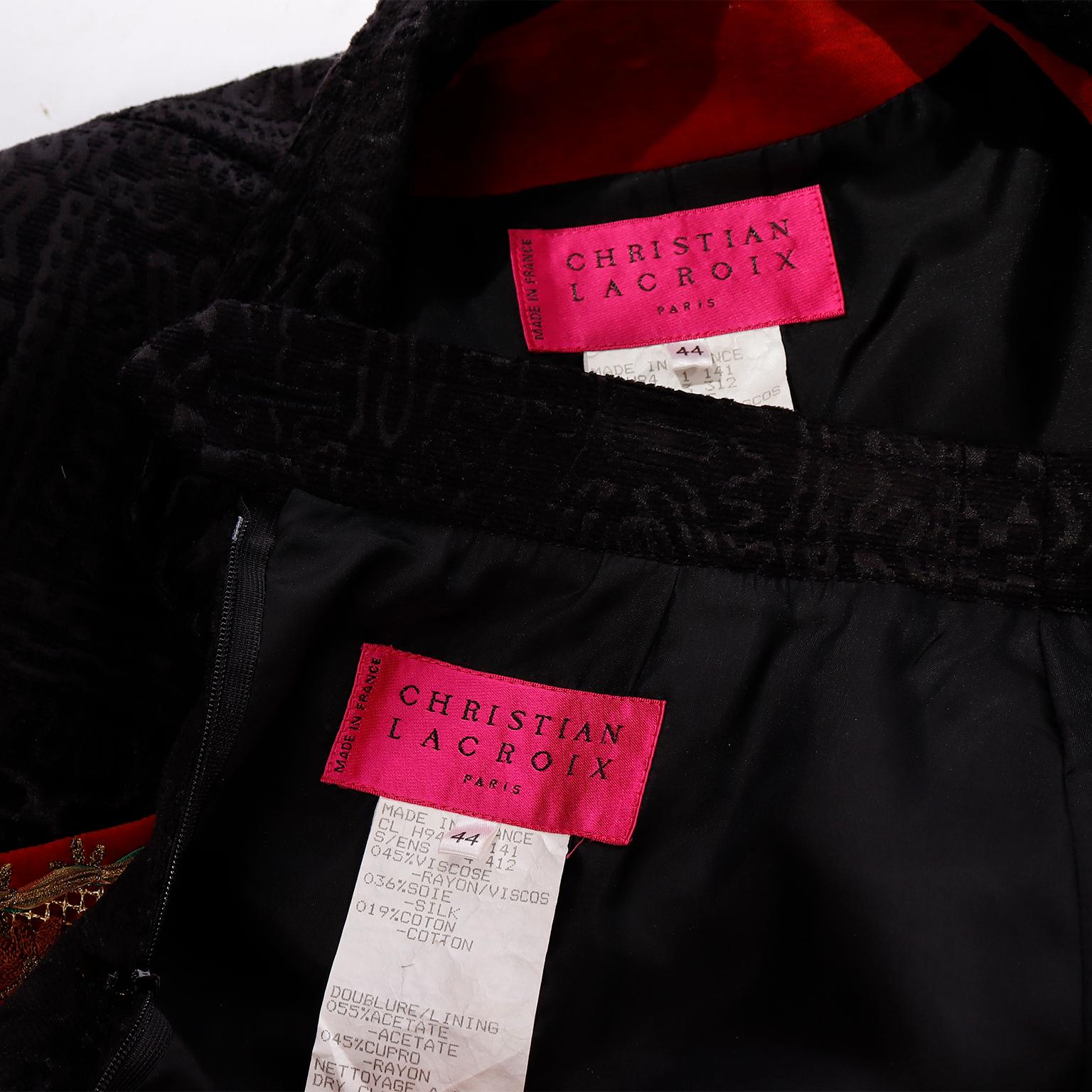 1994 Christian Lacroix Runway Black Patterned Velvet Jacket w Applique & Skirt  9