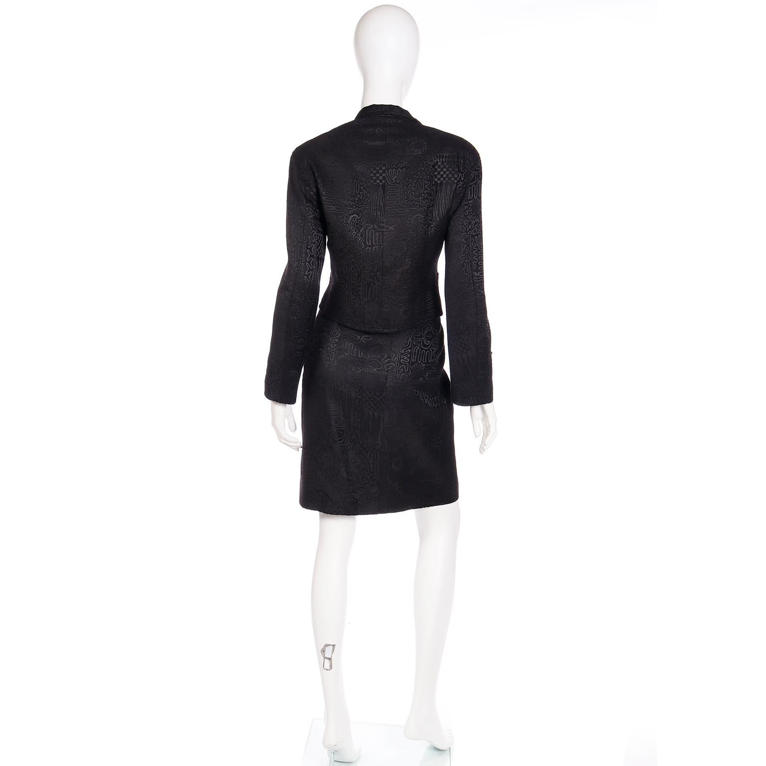 1994 Christian Lacroix Runway Black Patterned Velvet Jacket w Applique & Skirt  1