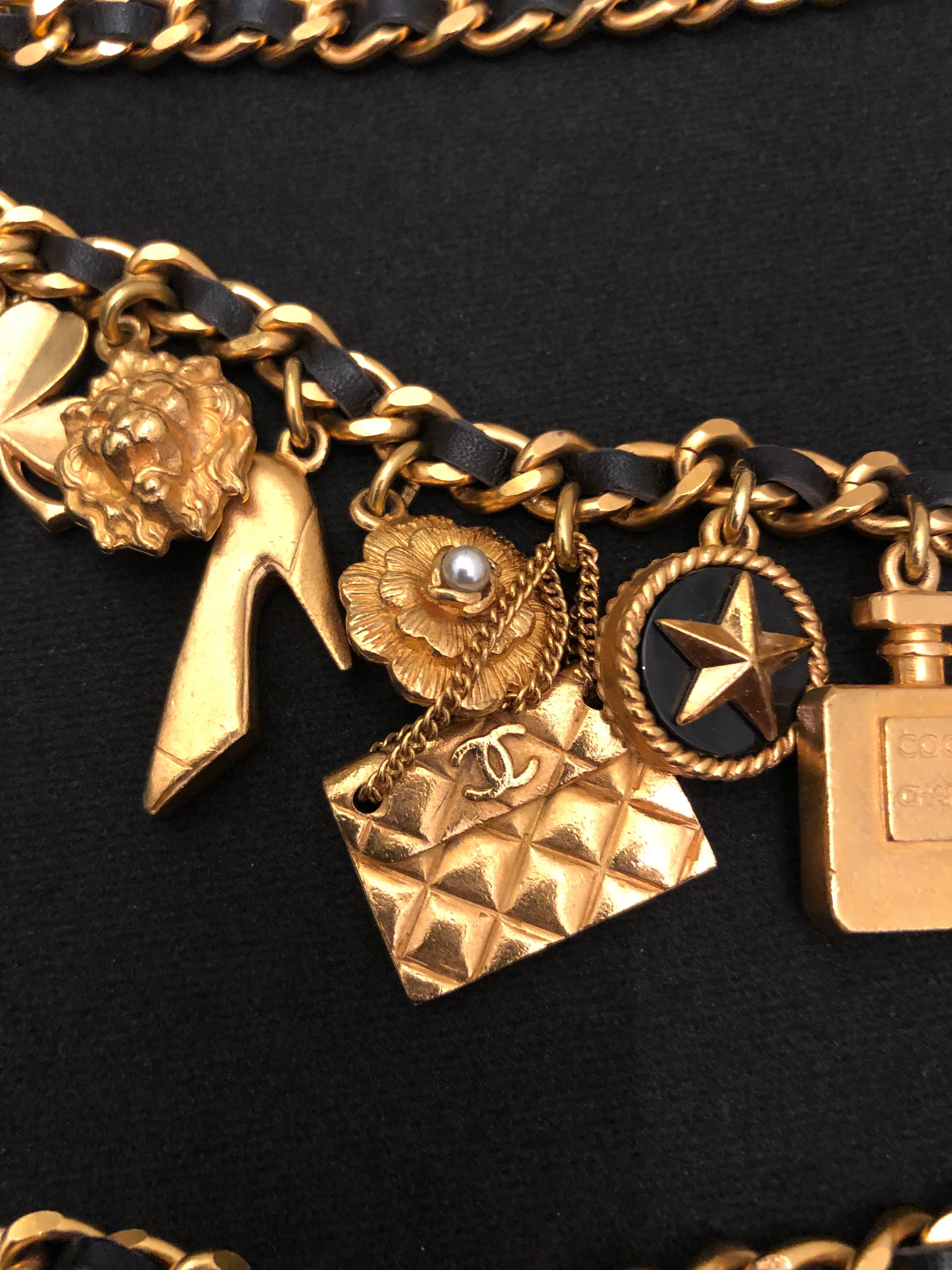 Brown 1994 Vintage Runway CHANEL Gold Toned Leather Chain Charm Belt Lion Camellia