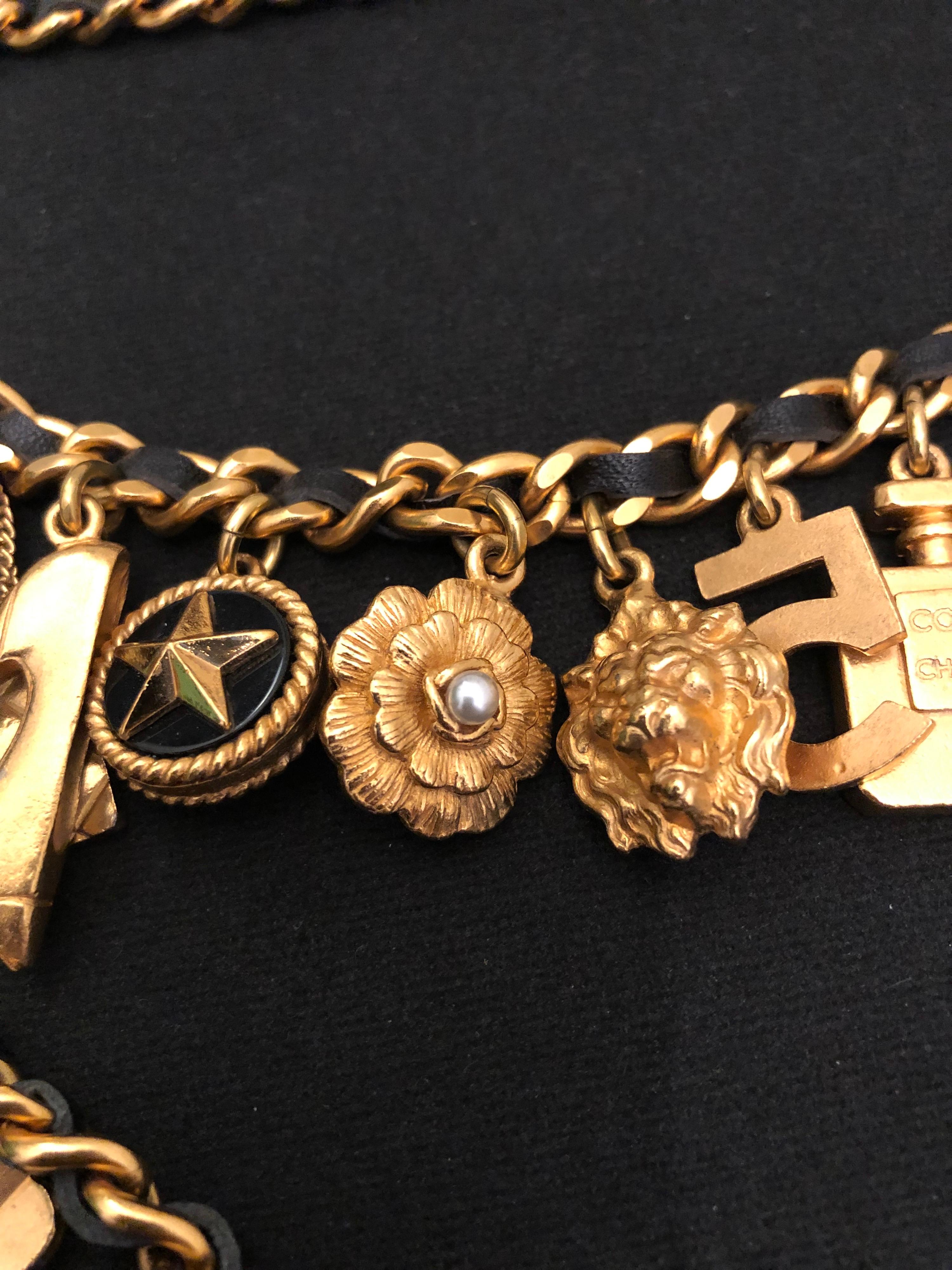 Women's 1994 Vintage Runway CHANEL Gold Toned Leather Chain Charm Belt Lion Camellia