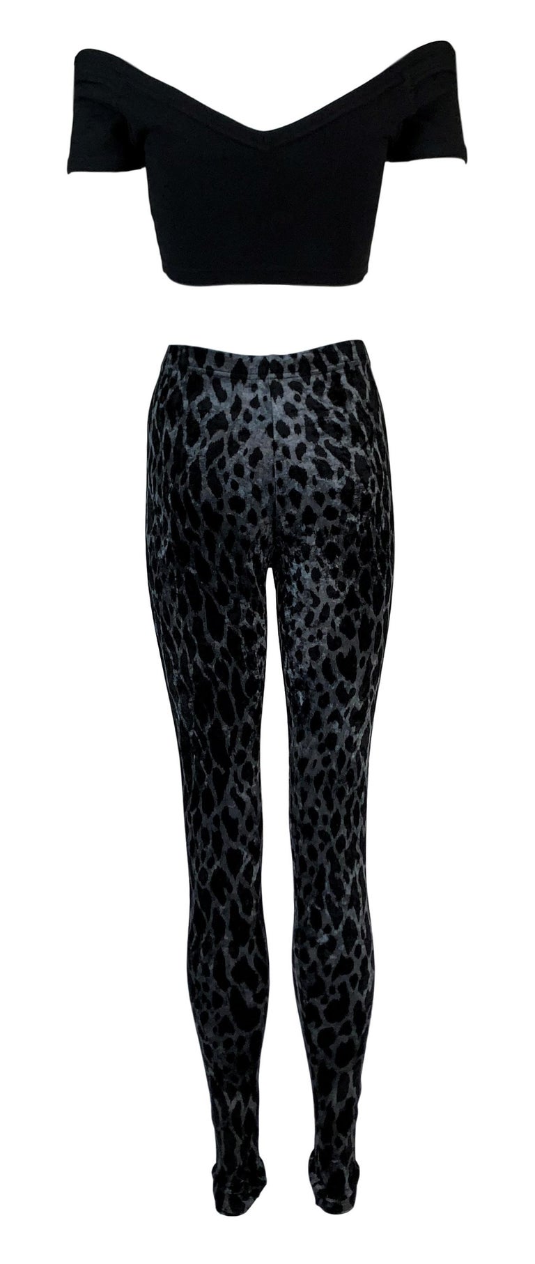 1994 Gianni Versace Black Crop Top and Purple Leopard Velvet Leggings