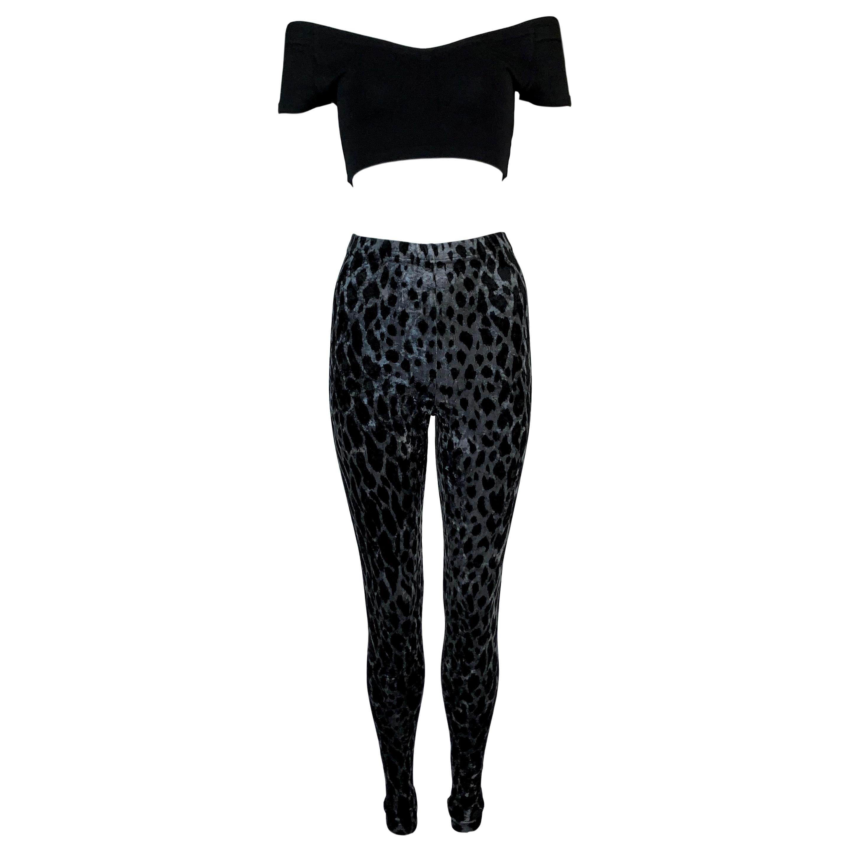 1994 Gianni Versace Black Crop Top & Purple Leopard Velvet Leggings Set