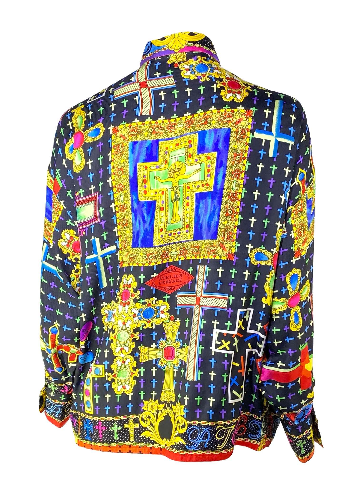Black F/W 1993 Gianni Versace Couture Baroque Technicolor Crucifix Print Button Down For Sale