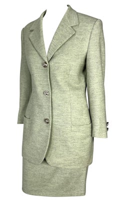 1994 Gianni Versace Couture Medusa Hardware Green Wool Cashmere Skirt Suit
