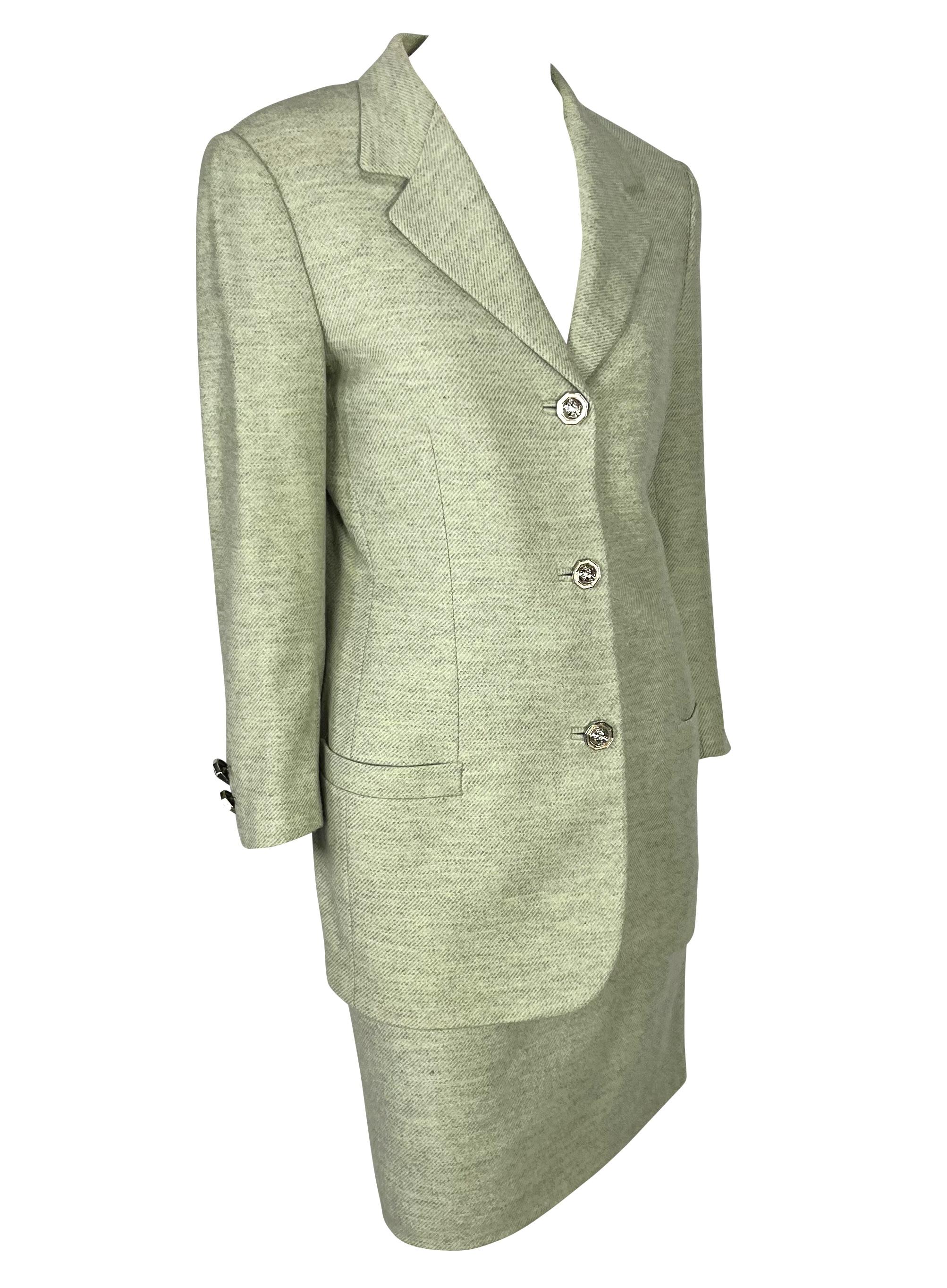 1994 Gianni Versace Couture Medusa Hardware Green Wool Cashmere Skirt Suit For Sale 1