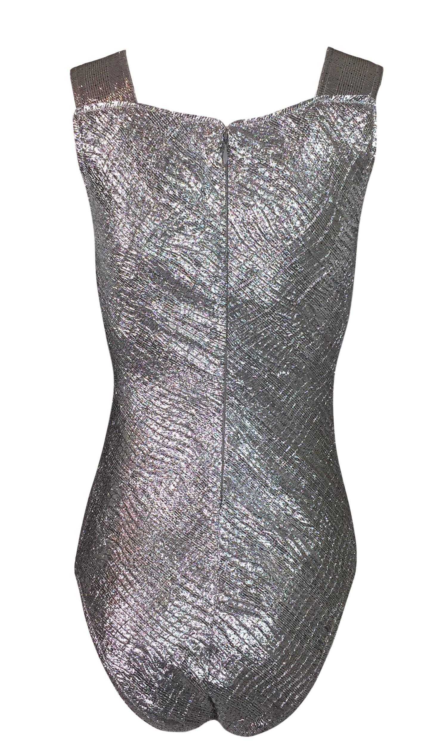 Women's Gianni Versace Couture Metallic Silver Pinafore Bodysuit Top, 1994 