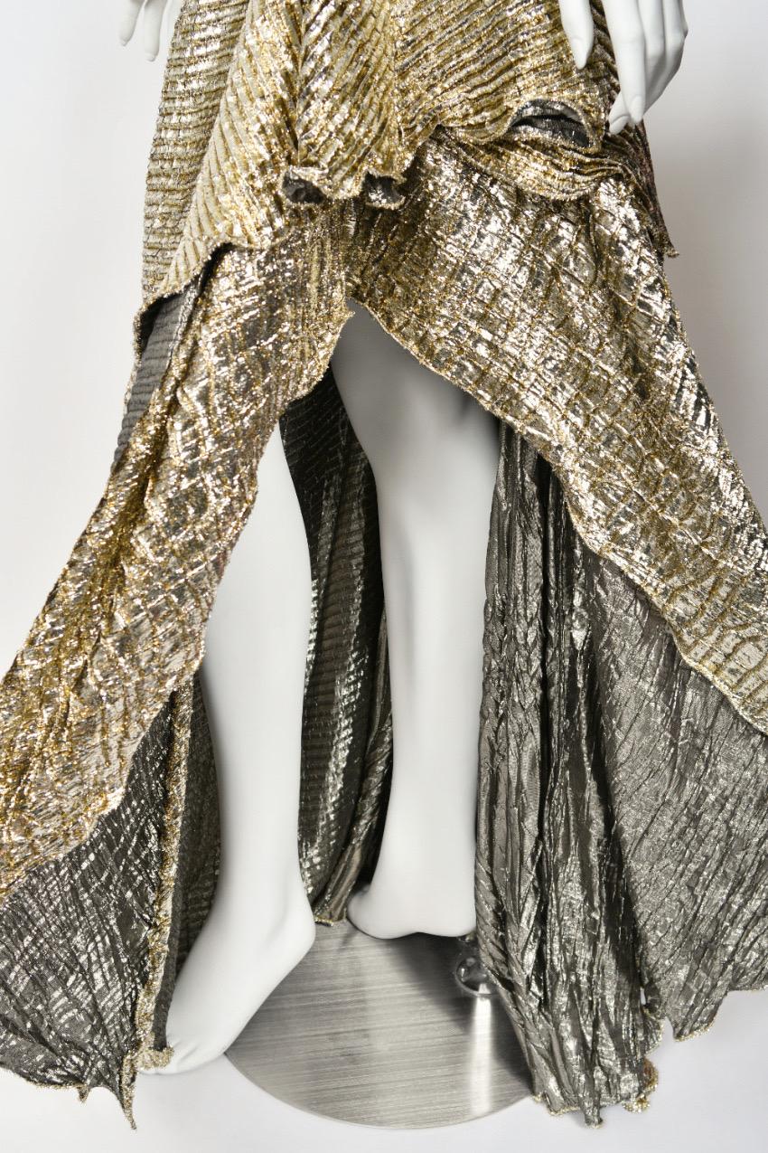 1994 Gianni Versace Couture Runway Metallic Gold Pleated Lamè High-Slit Gown For Sale 7