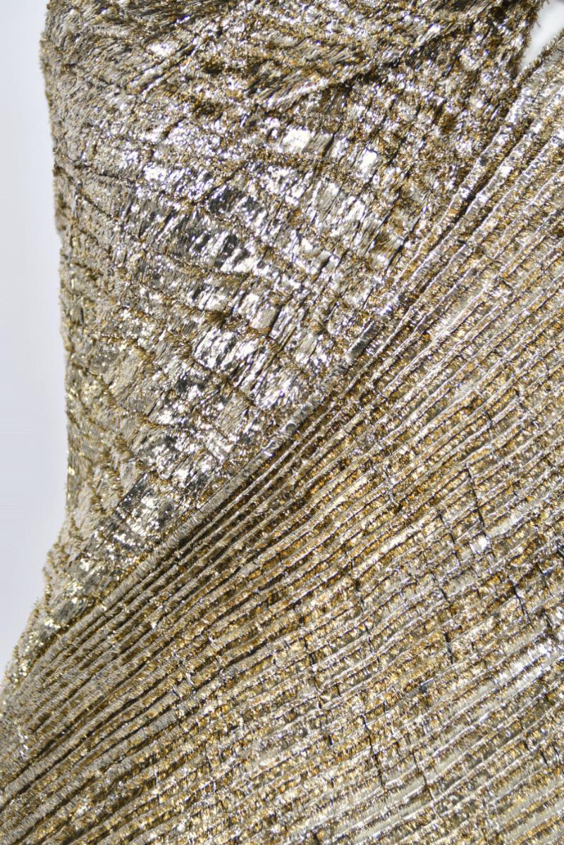 1994 Gianni Versace Couture Runway Metallic Gold Pleated Lamè High-Slit Gown For Sale 9
