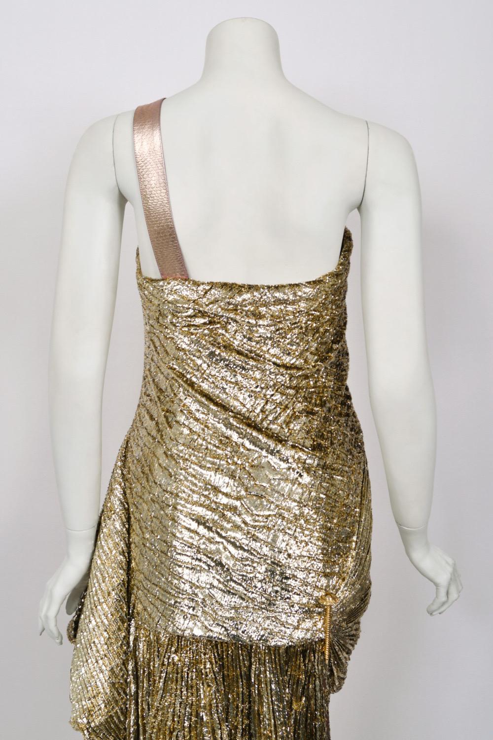 1994 Gianni Versace Couture Runway Metallic Gold Pleated Lamè High-Slit Gown For Sale 12