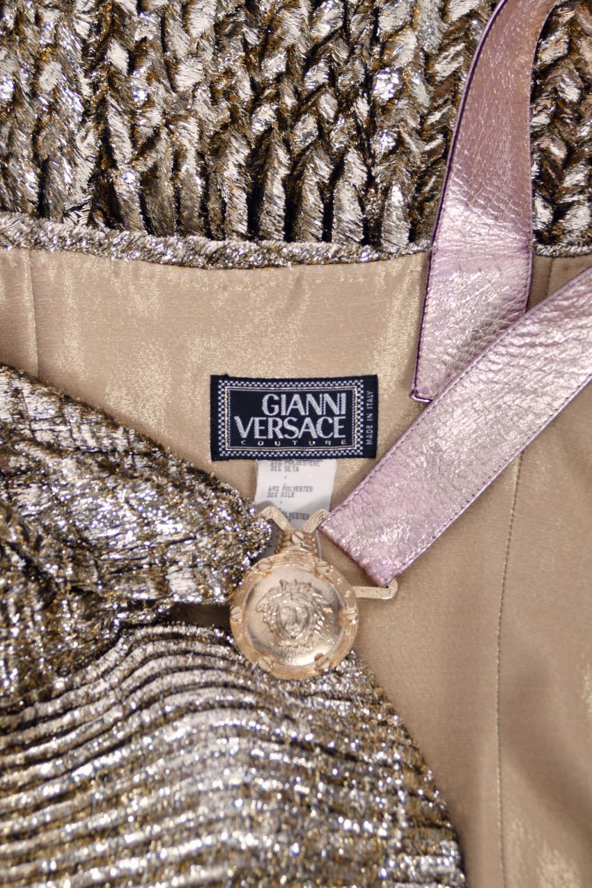 1994 Gianni Versace Couture Runway Metallic Gold Pleated Lamè High-Slit Gown For Sale 15