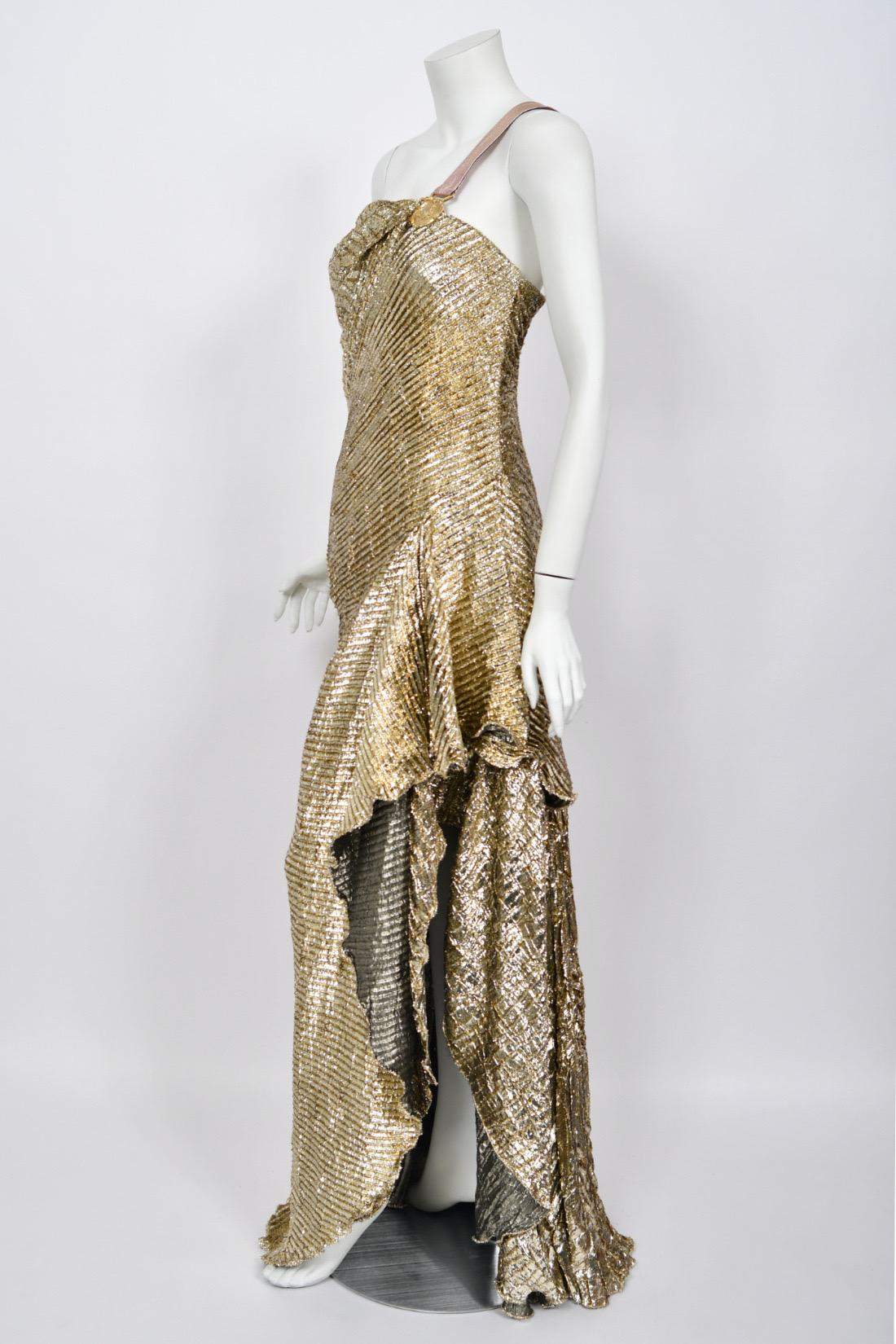 1994 Gianni Versace Couture Runway Metallic Gold Pleated Lamè High-Slit Gown For Sale 5
