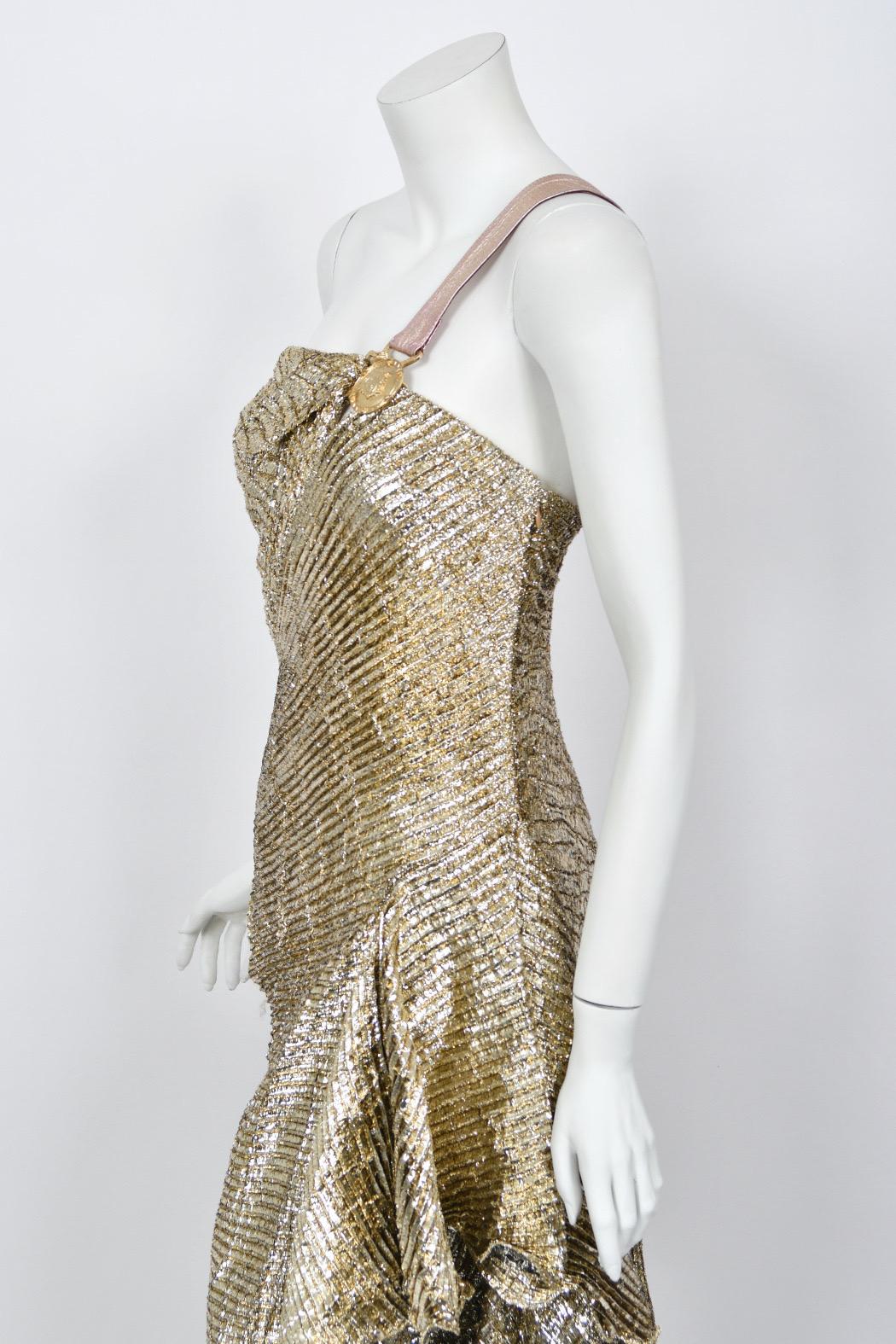 1994 Gianni Versace Couture Runway Metallic Gold Pleated Lamè High-Slit Gown For Sale 6