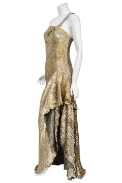 1994 Gianni Versace Couture Runway Metallic Gold Pleated Lamè High-Slit Gown
