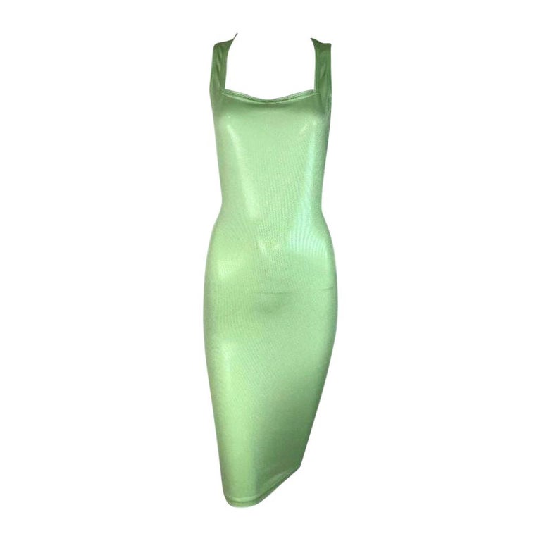 1994 Gianni Versace Green Wet Look Bodycon Stretch Midi Dress at 1stDibs
