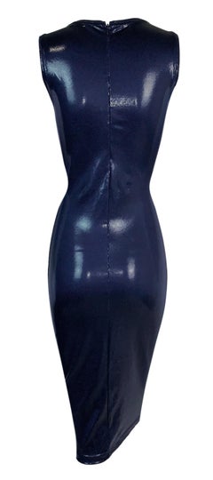 1994 Gianni Versace Latex Wet Look Navy Blue Bodycon Dominatrix Dress