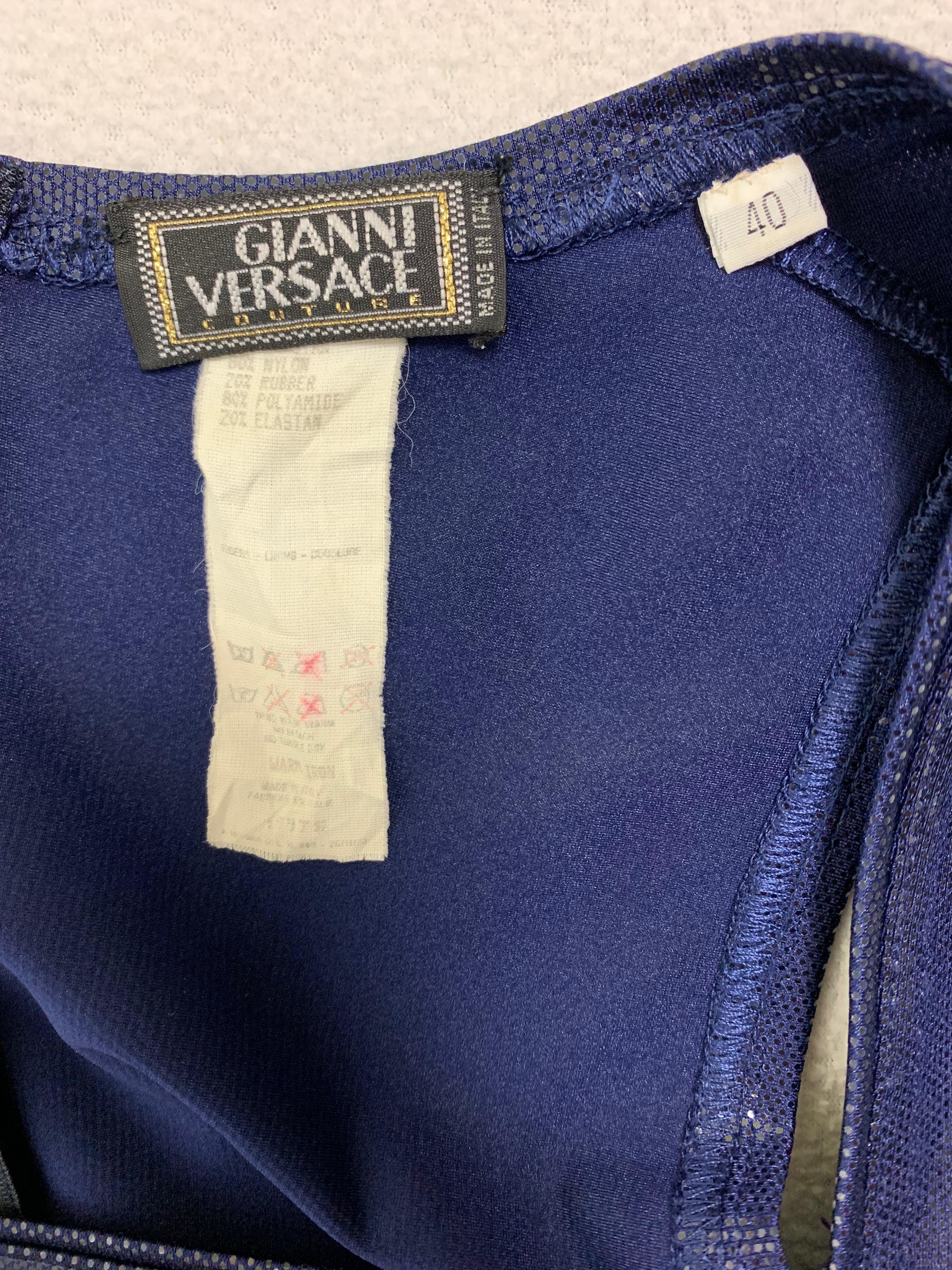 Black 1994 Gianni Versace Latex Wet Look Navy Blue Bodycon Dominatrix Dress