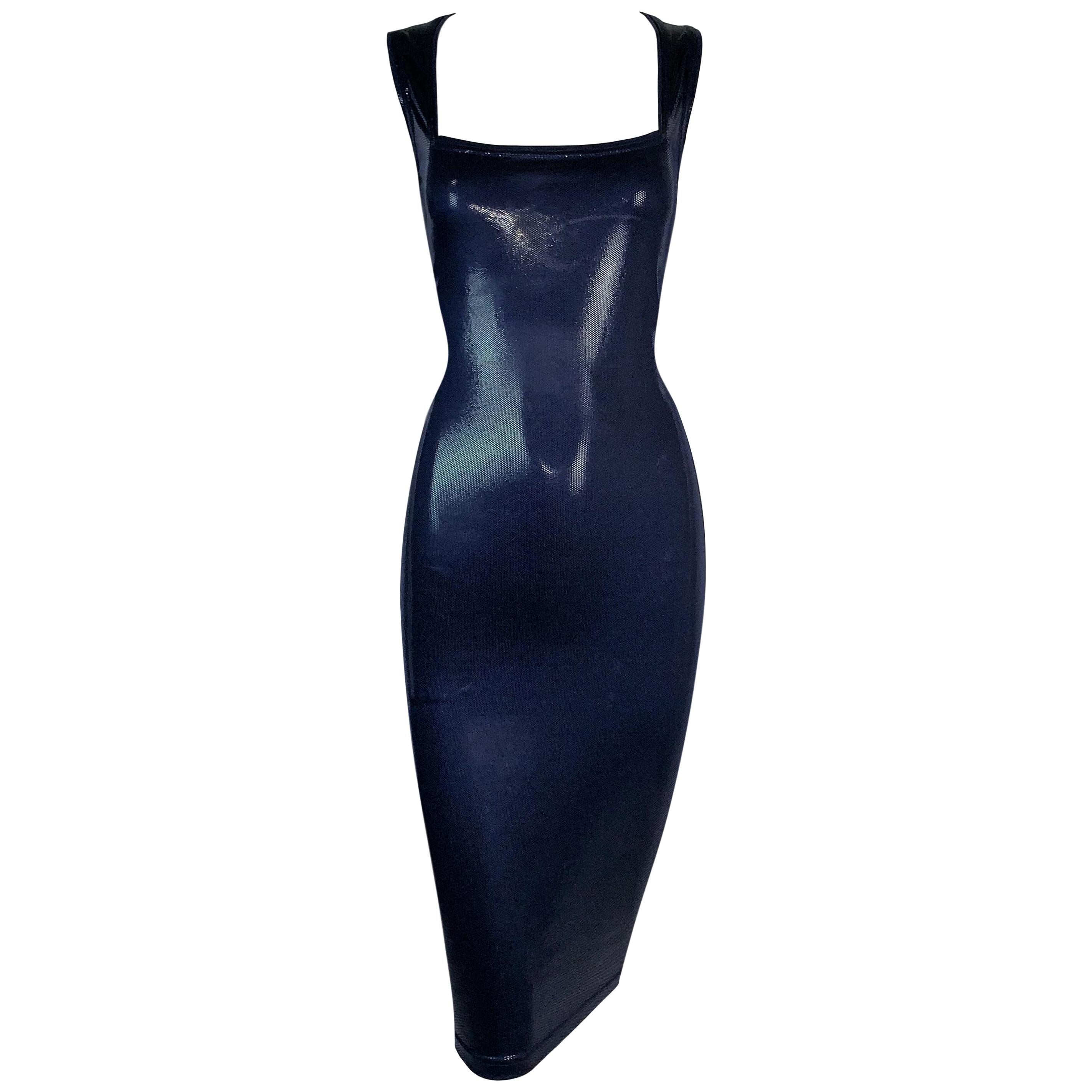 1994 Gianni Versace Latex Wet Look Navy Blue Bodycon Dominatrix Dress