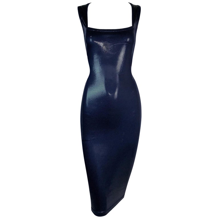 1994 Gianni Versace Latex Wet Look Navy Blue Bodycon Dominatrix Dress