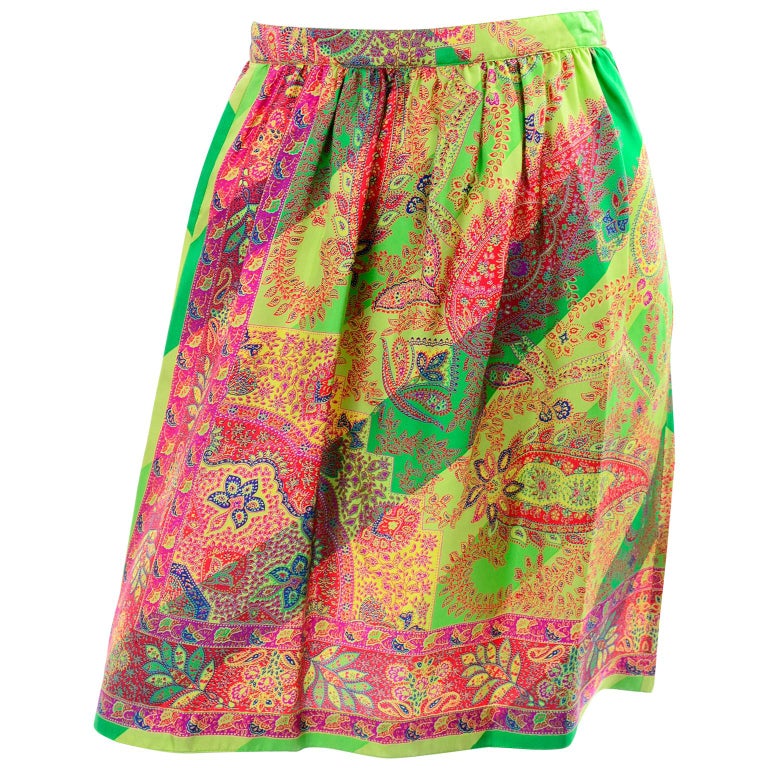1994 Gianni Versace Silk Scarf Print Skirt in Yellow, Green and Pink Red  For Sale at 1stDibs