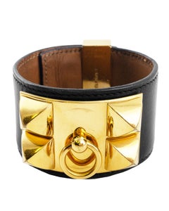 1994 Hermes Black Box Leather and Gold Plate Collier De Chien Cuff