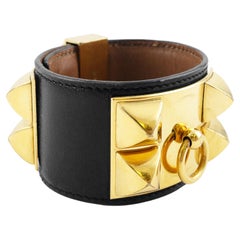 1994 Hermes Black Box Leather and Gold Plate Collier De Chien Cuff