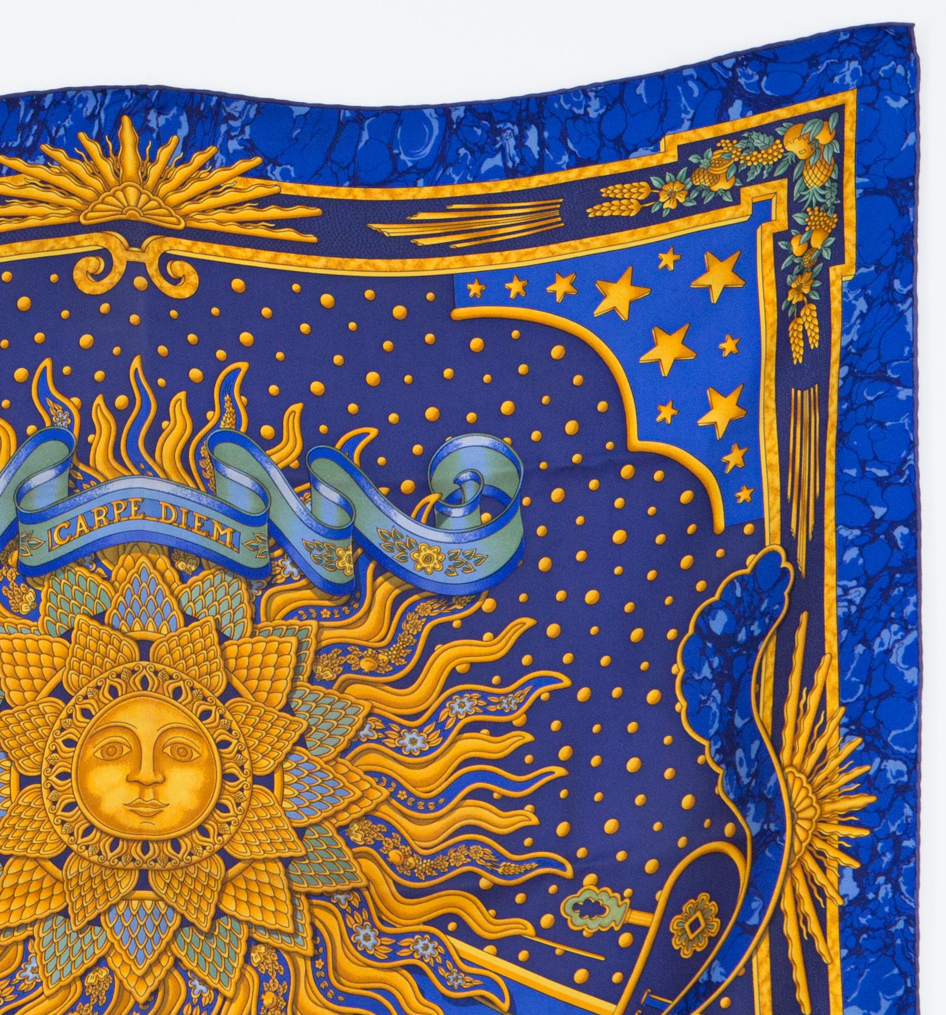 1994 Hermes Blue Carpe Diem by Joachim Metz Silk Scarf In Excellent Condition In Paris, FR