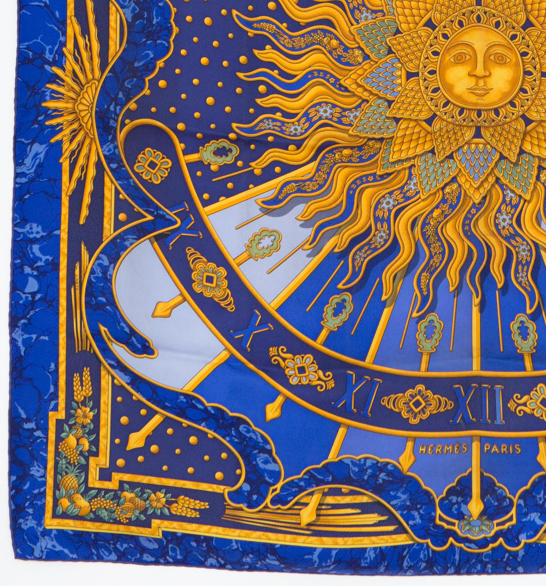 Women's or Men's 1994 Hermes Blue Carpe Diem by Joachim Metz Silk Scarf