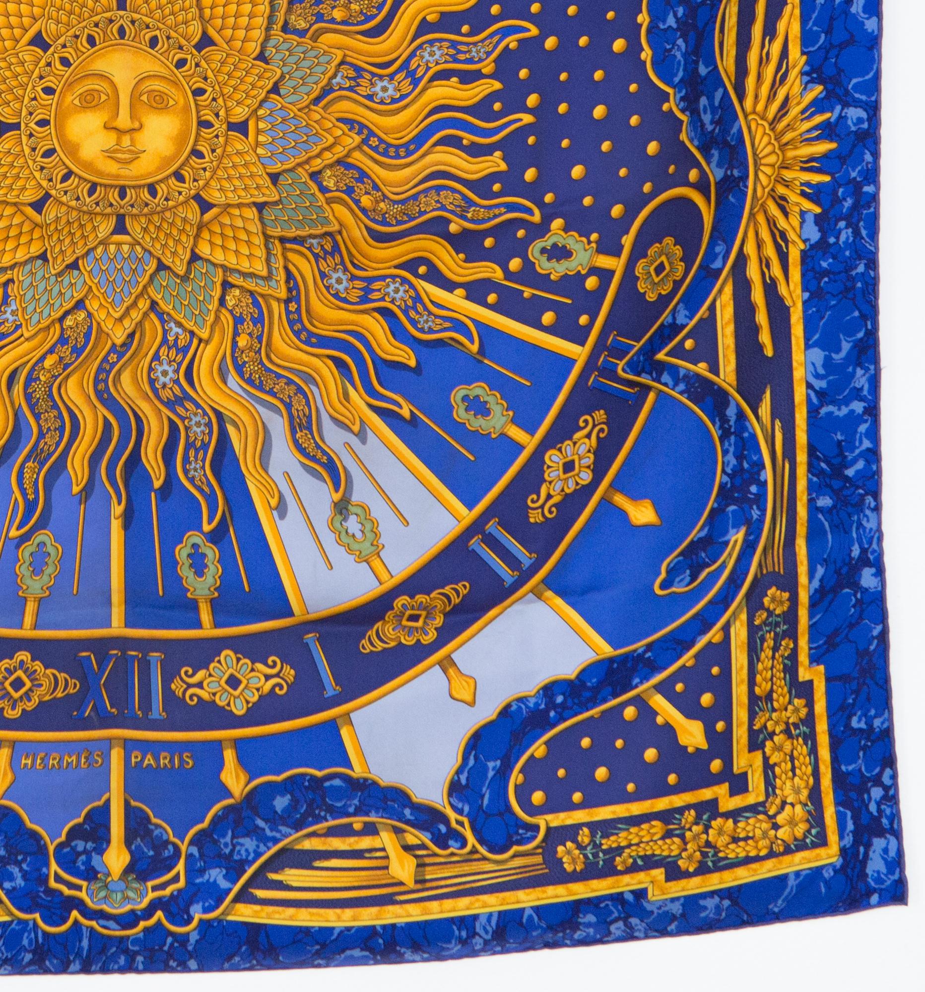 1994 Hermes Blue Carpe Diem by Joachim Metz Silk Scarf 1