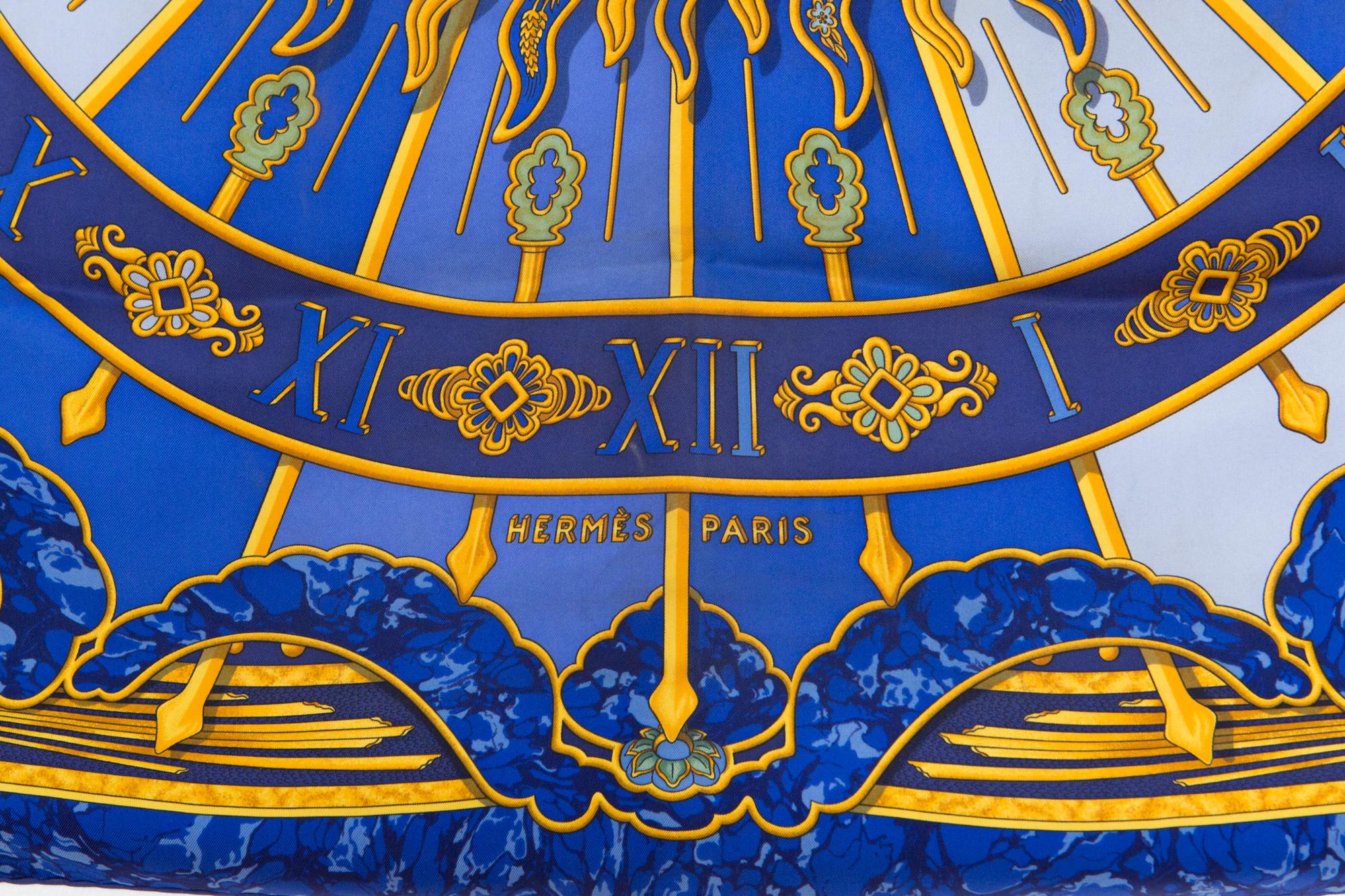 1994 Hermes Blue Carpe Diem by Joachim Metz Silk Scarf 2