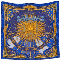  1994 Hermes Blue Carpe Diem by Joachim Metz Silk Scarf