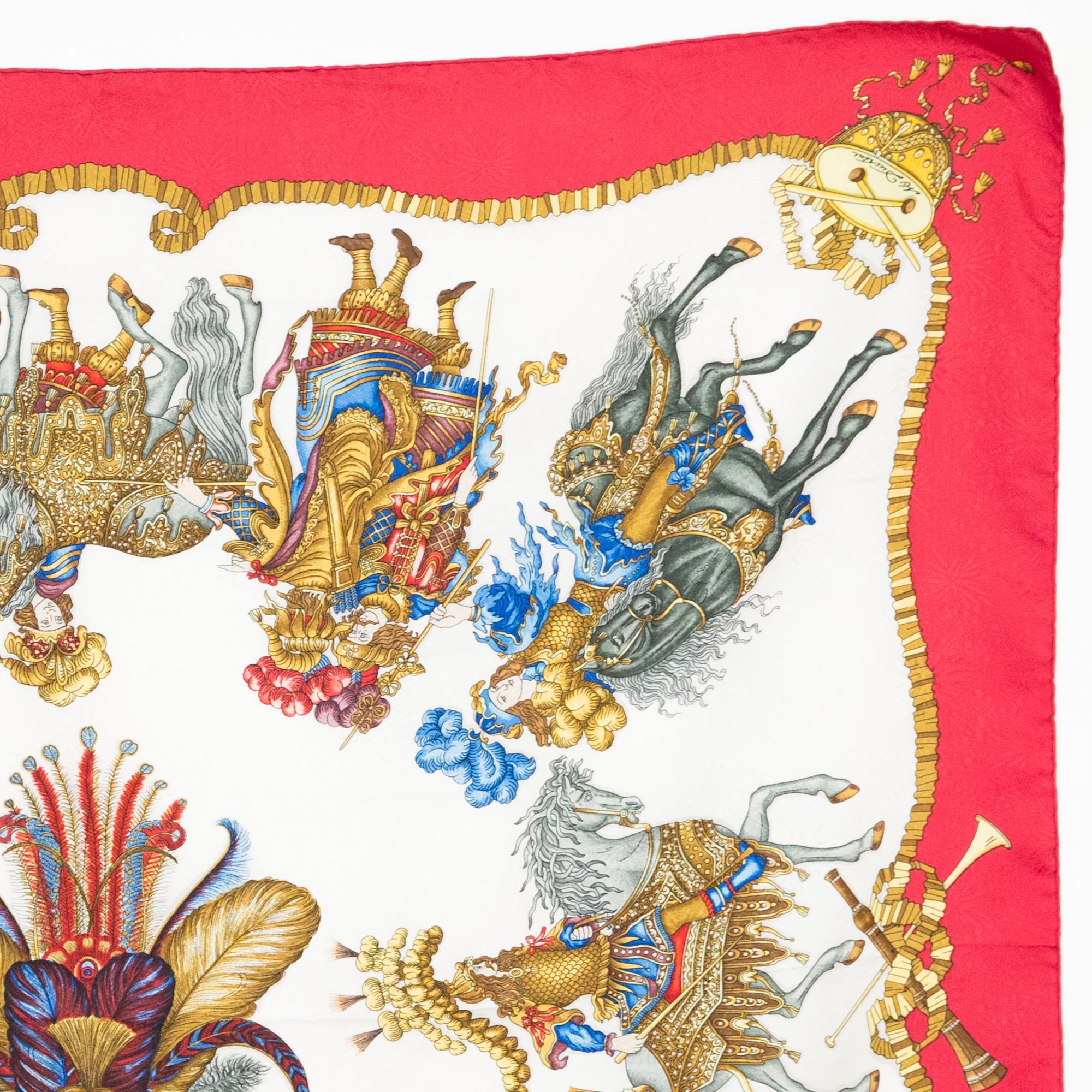 Beige Foulard en soie Hermes Les Fetes du Roi Soleil by M Duchene en vente