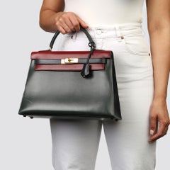 1994 Hermes Vert Fonce, Rouge H & Indigo Box Calf Vintage Kelly 32cm Selllier