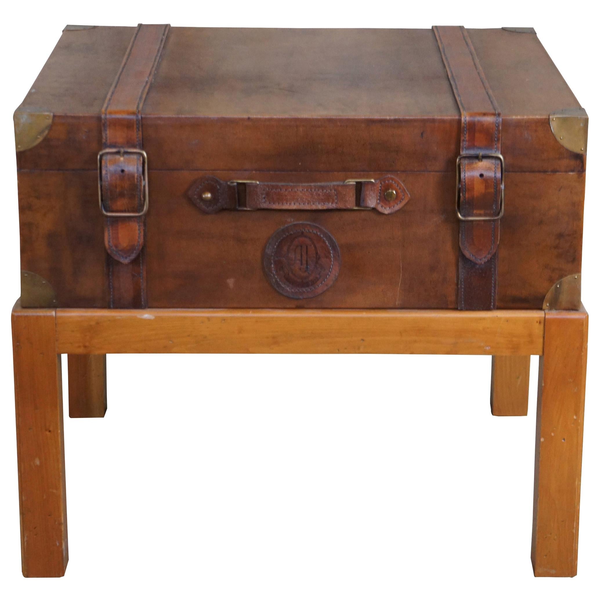 1994 Leather Steamer Trunk Coffee Side Table on Pine Stand Side Accent For Sale