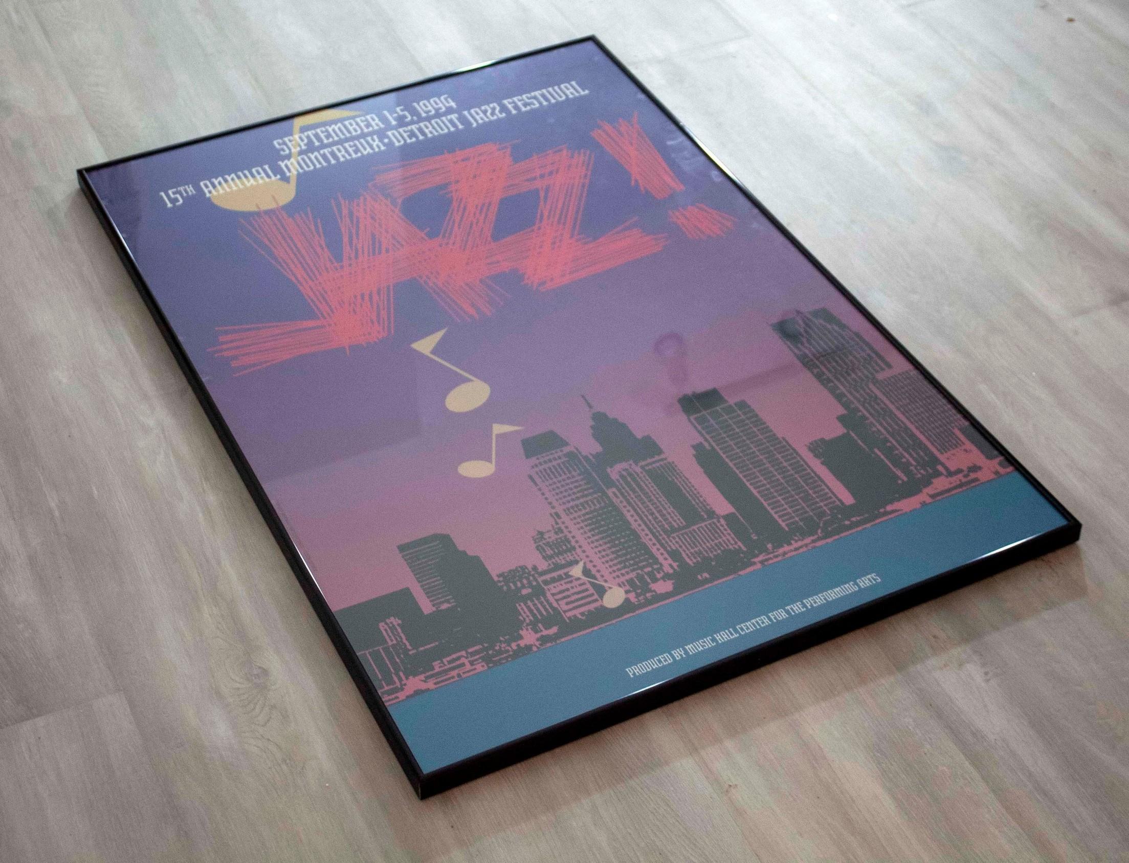 A lively vintage music poster for the 1994 Montreux Detroit Jazz Festival, produced by Music Hall for the Performing Arts. Dimensions: 36.25 H x 24.25 W (framed). In excellent vintage condition.
    