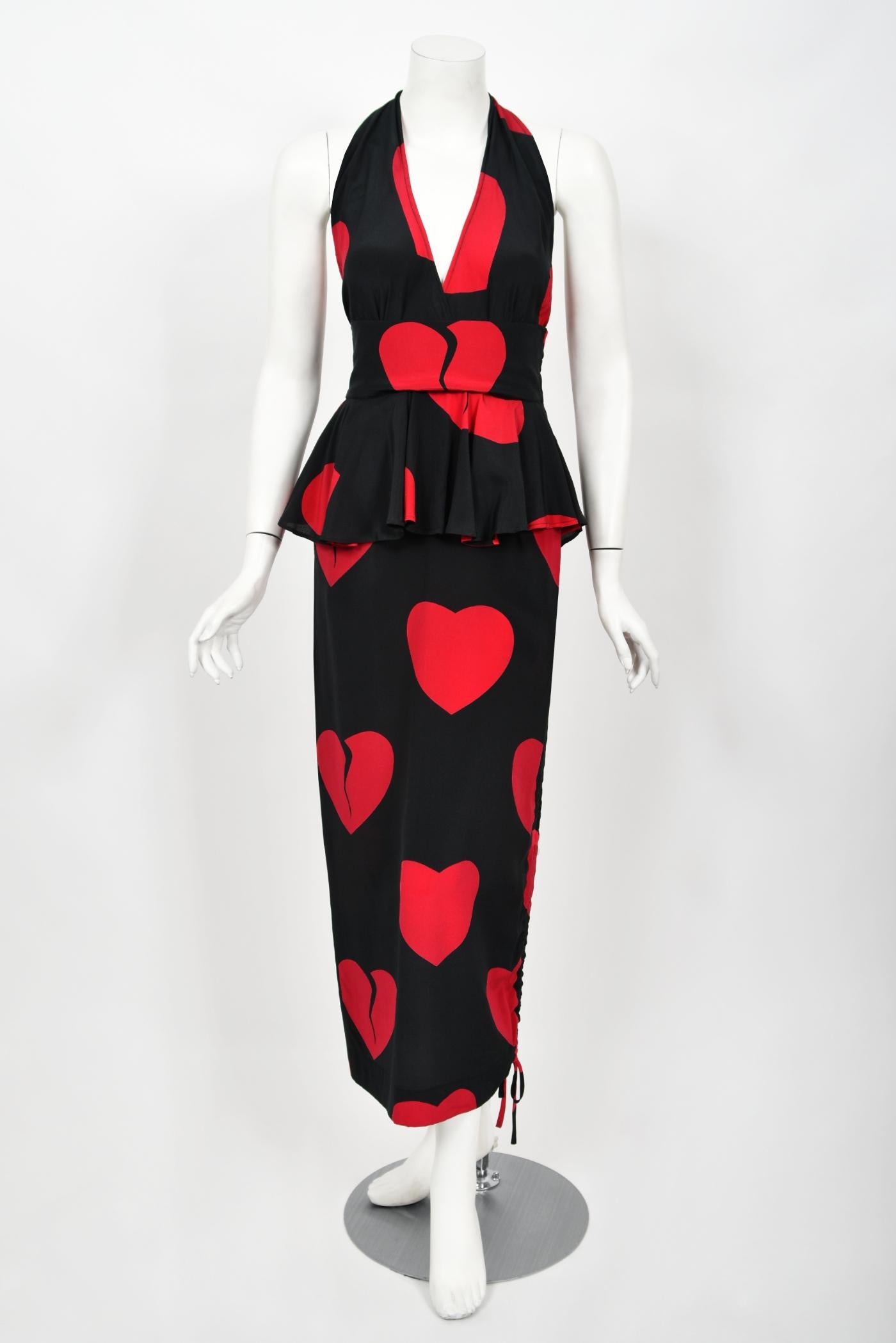 1994 Moschino Couture Documented 'Heartbreaker' Print Silk Convertible Dress  For Sale 3
