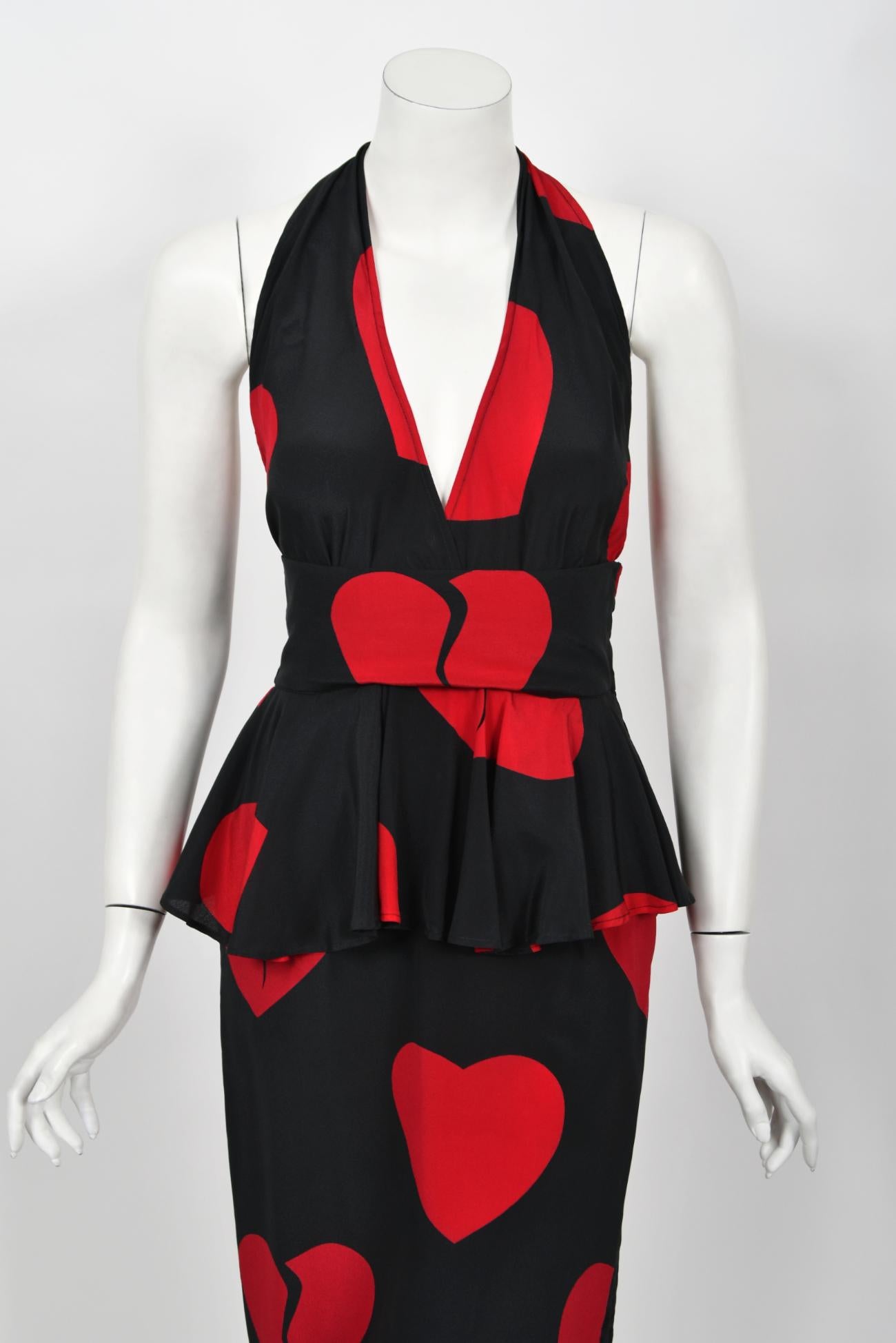 1994 Moschino Couture Documented 'Heartbreaker' Print Silk Convertible Dress  For Sale 4