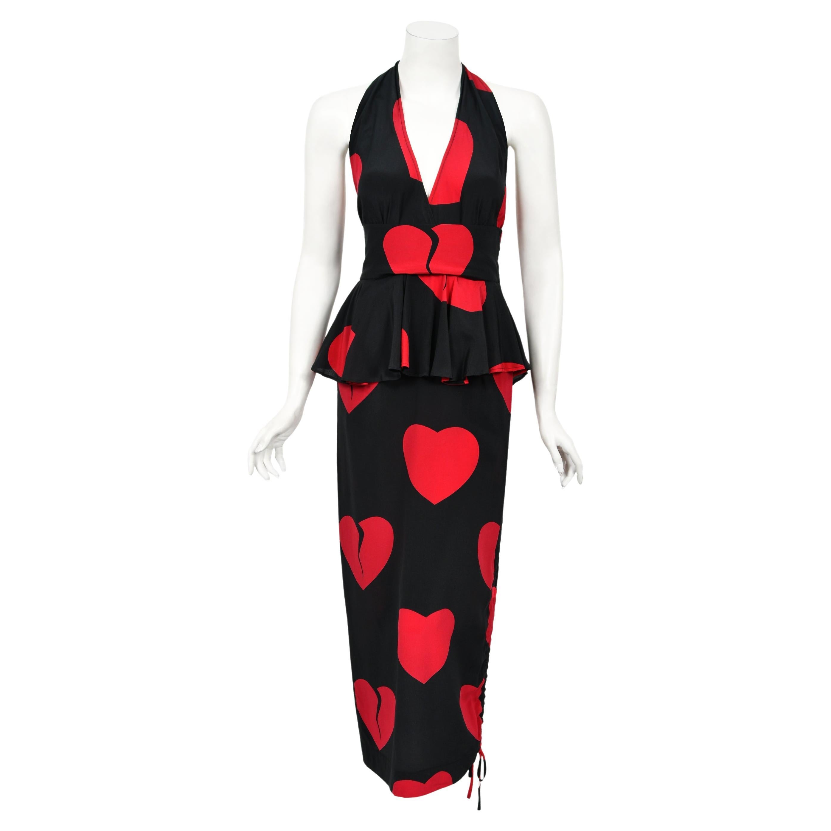 1994 Moschino Couture Documented 'Heartbreaker' Print Silk Convertible Dress  For Sale