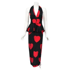 1994 Moschino Couture Documented 'Heartbreaker' Print Silk Convertible Dress 