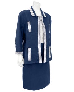 1994 P Chanel Navy Blue Waffle Cotton Skirt Suit Trimmed in White Woven Plastic