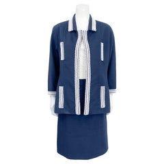1994 P Chanel Navy Blue Waffle Cotton Skirt Suit Trimmed in White Woven Plastic