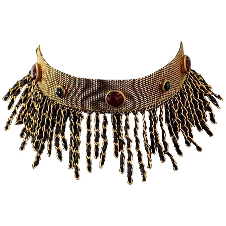 1994 RARE CHANEL Gripoix Fringe Leather Chain Choker Necklace
