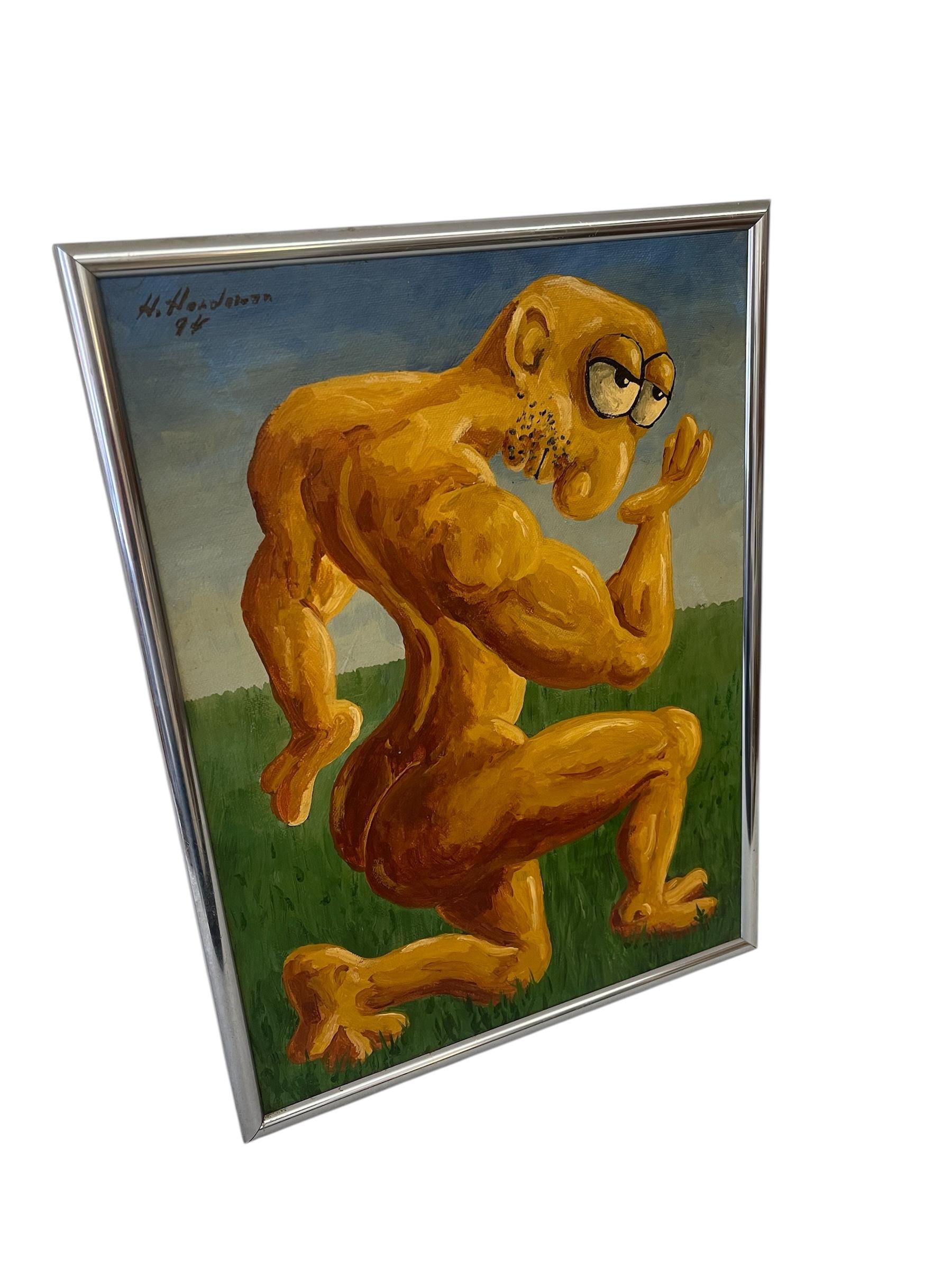 A unique surrealist figurative painting signed and dated by H. Hordovan, 1994. The work depicts a stylized, exaggerated muscular figure rendered in bold shades of orange and ochre, kneeling against a grassy green background with a soft blue sky. The