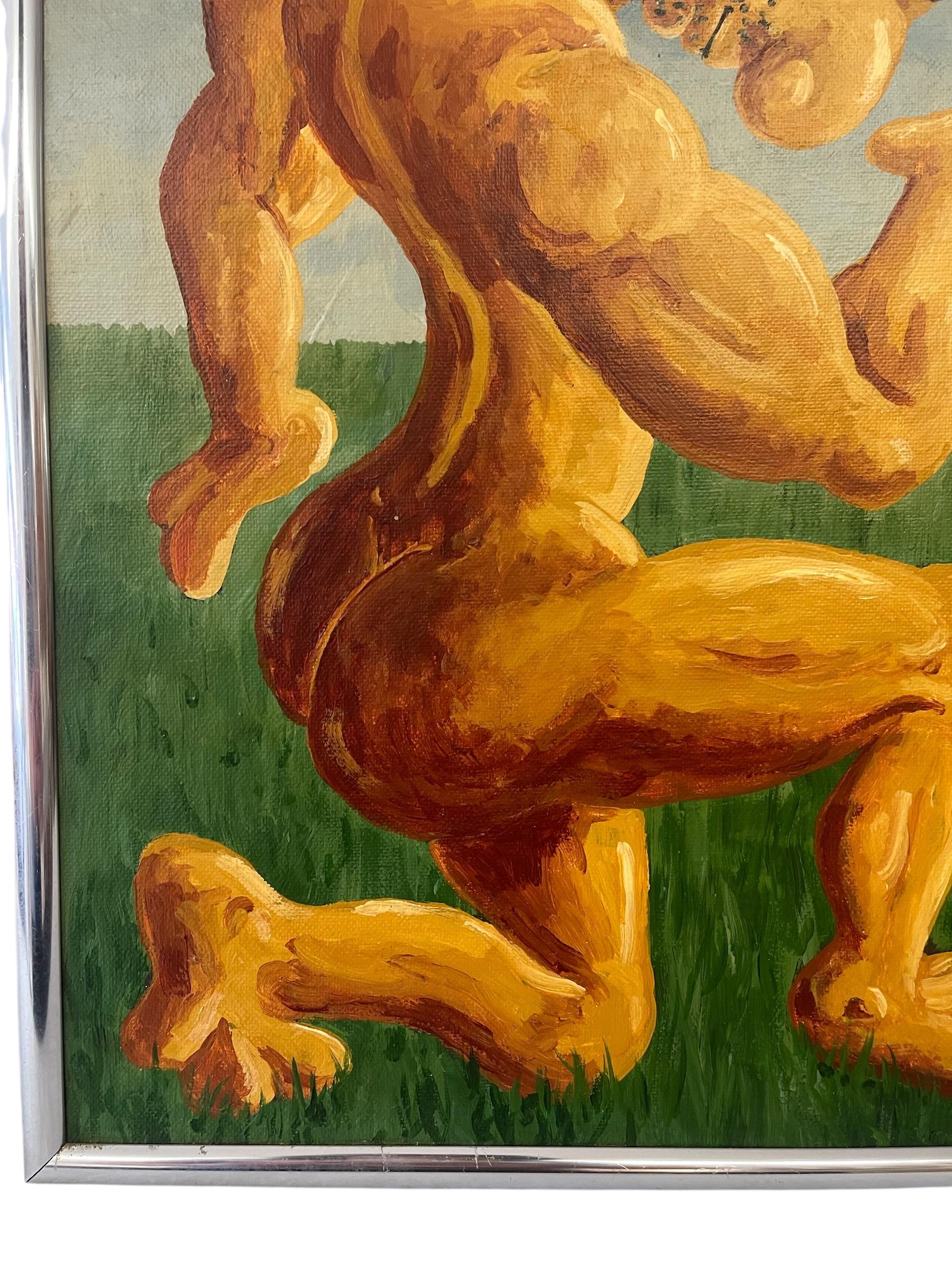 Canvas 1994 Surrealist Figurative Painting of Muscular Character by H. Hordovan For Sale