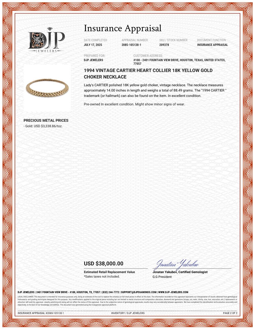 1994 Vintage Cartier Herz Collier 18K Gelbgold Choker Halskette im Angebot 7